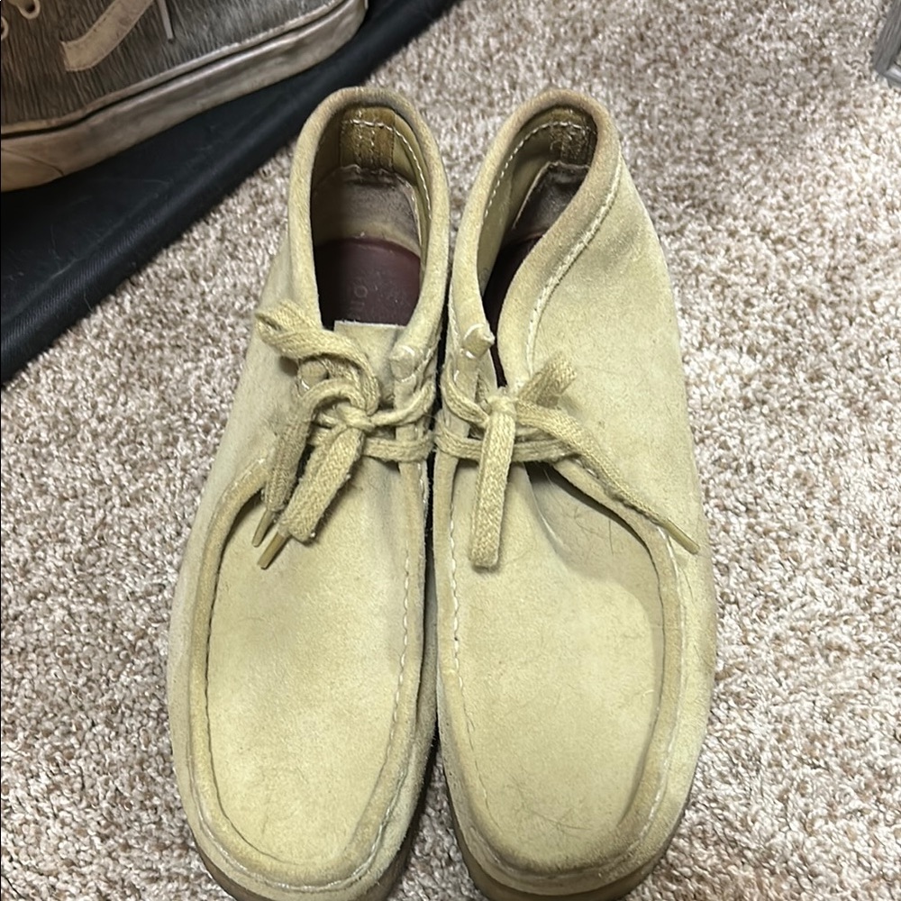 Clarks Tan Moccasins with Textured Fabric and Simple Lacing